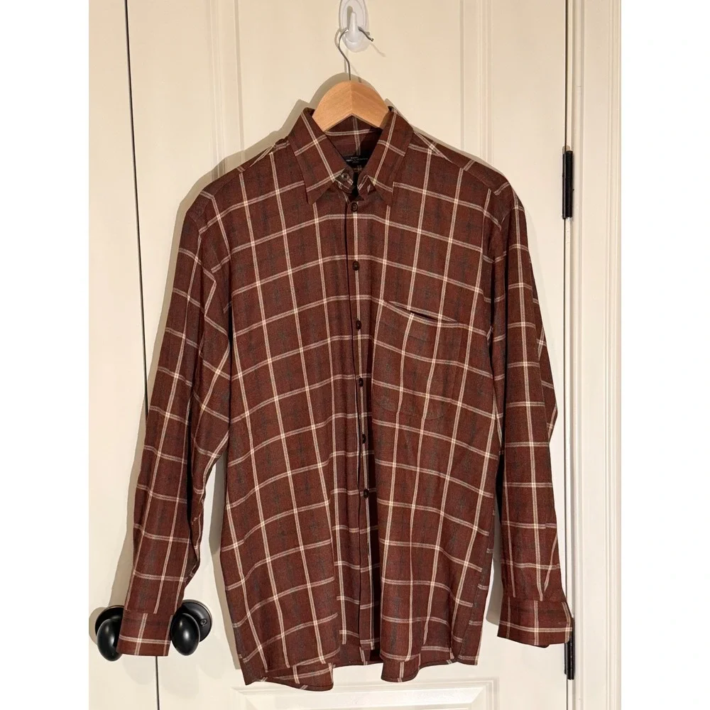 Mark Shale Mens Brown Plaid Button Down Shirt Fabric Woven in Spain Large - Picture 1 of 5